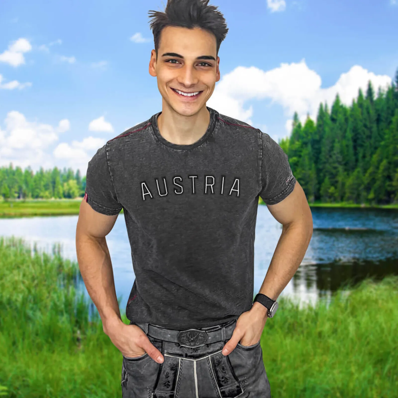 Zillertaler Trachtenwelt Herren T-Shirt "Austria Schriftzug", Dunkel Grau Fashion